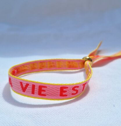 Bracelet Ruban "La vie est belle" (rose et jaune)