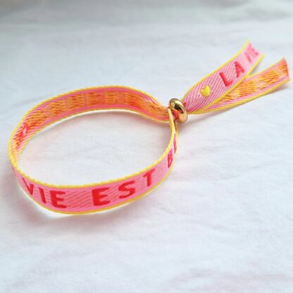 Bracelet Ruban "La vie est belle" (rose et jaune) – Image 2
