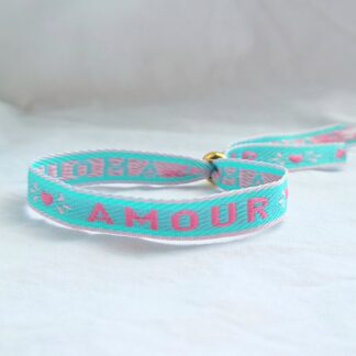 Bracelet Ruban "Amour" (vert turquoise, fuschia et violet clair)