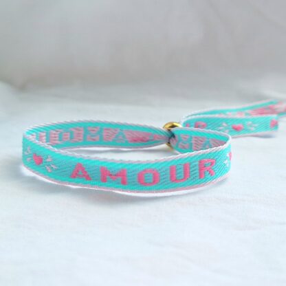 Bracelet Ruban "Amour" (vert turquoise, fuschia et violet clair)