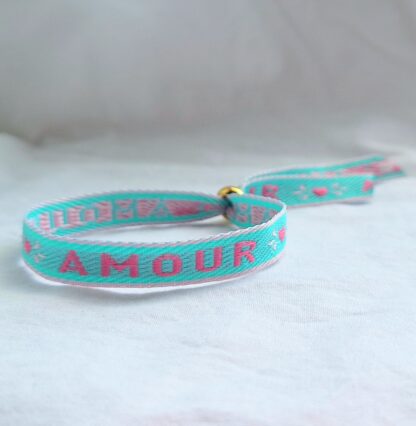 Bracelet Ruban "Amour" (vert turquoise, fuschia et violet clair) – Image 2